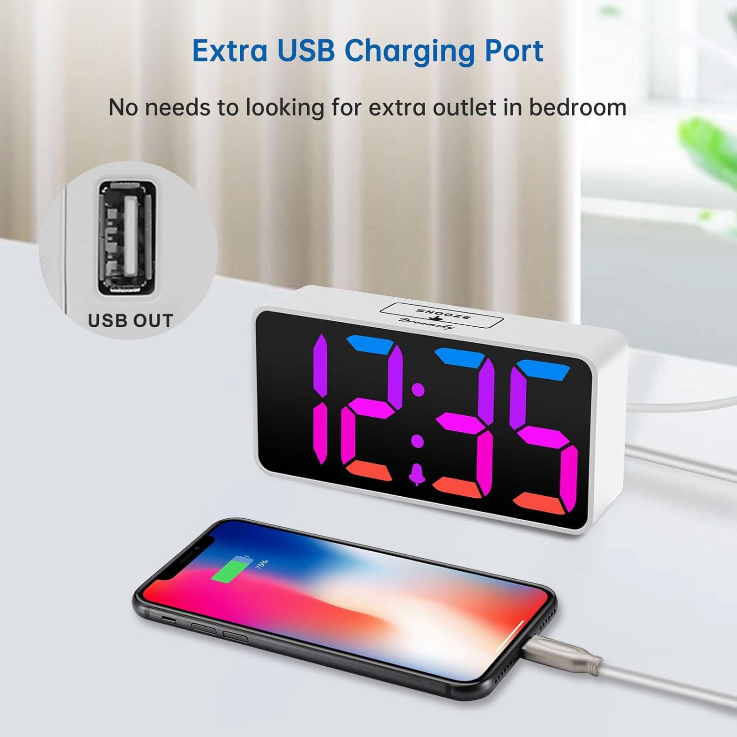 Extra USB Charging Port  
No needs to looking for extra outlet in bedroom  
USB OUT  
12:35