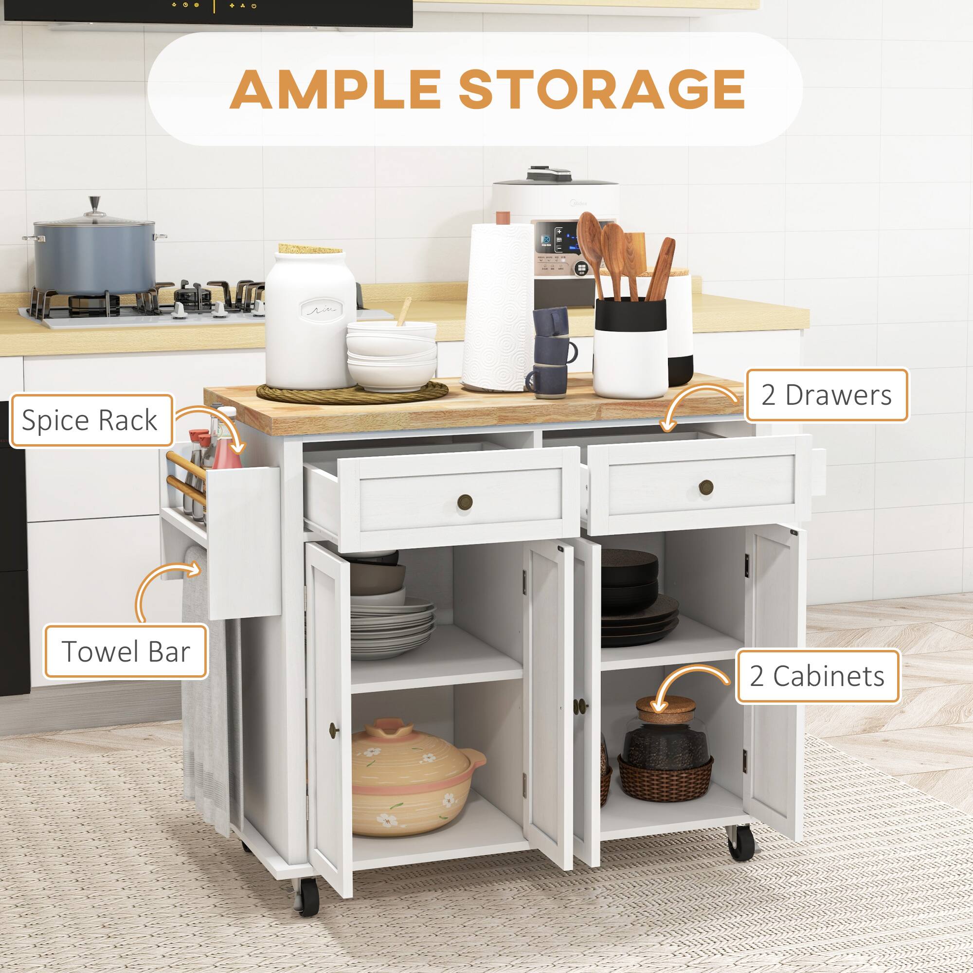 A - AMPLE STORAGE
B - Spice Rack
C - 2 Drawers
D - Towel Bar
E - 2 Cabinets