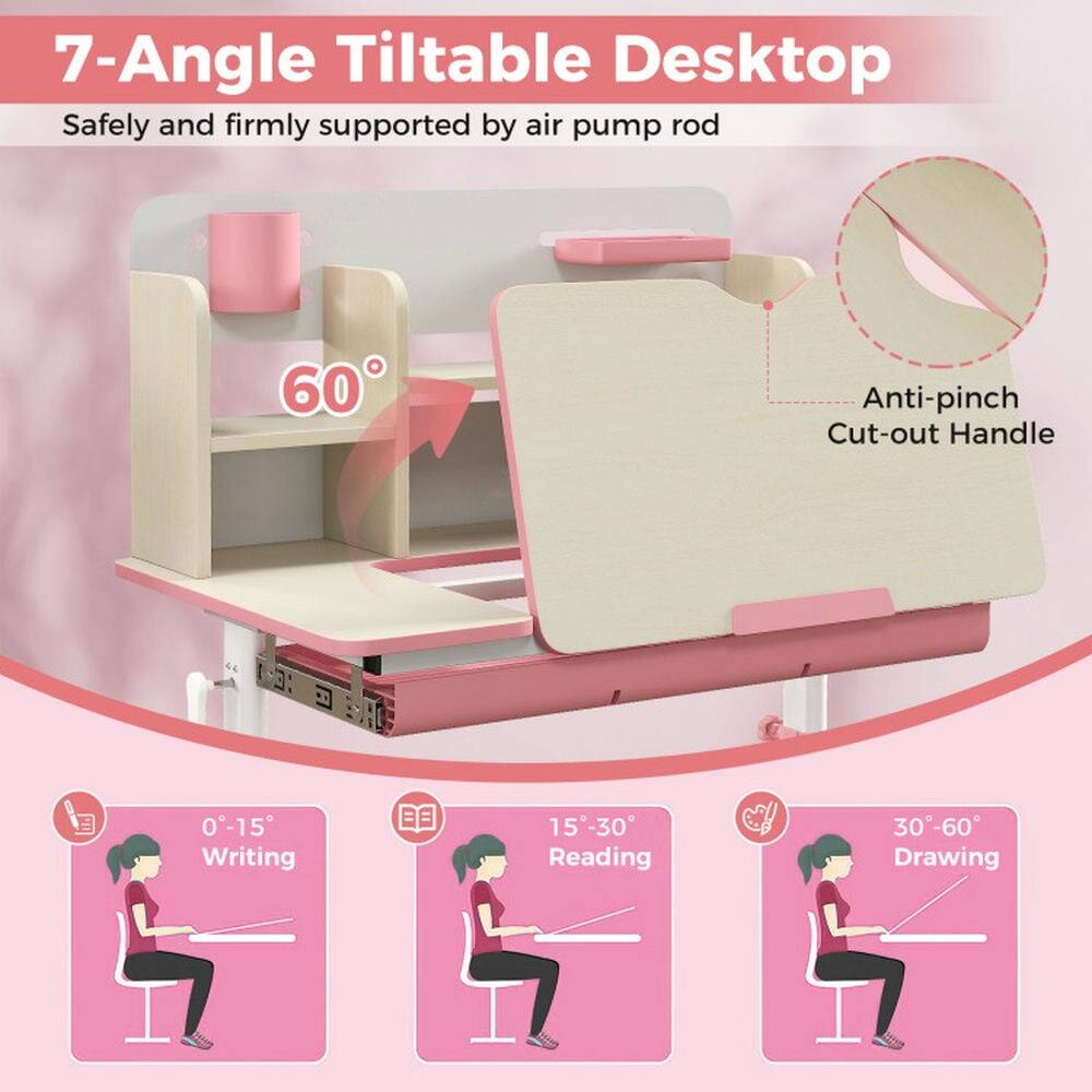 7-Angle Tiltable Desktop  
Safely and firmly supported by air pump rod  

60°  

Anti-pinch Cut-out Handle  

0°-15° Writing  
15°-30° Reading  
30°-60° Drawing