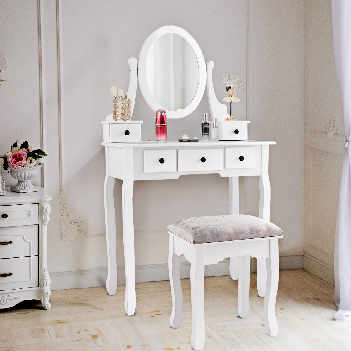 Alt View 1. Costway - Costway Makeup Desk Vanity Dressing Table Oval Stool 5 Storage Drawers - White.