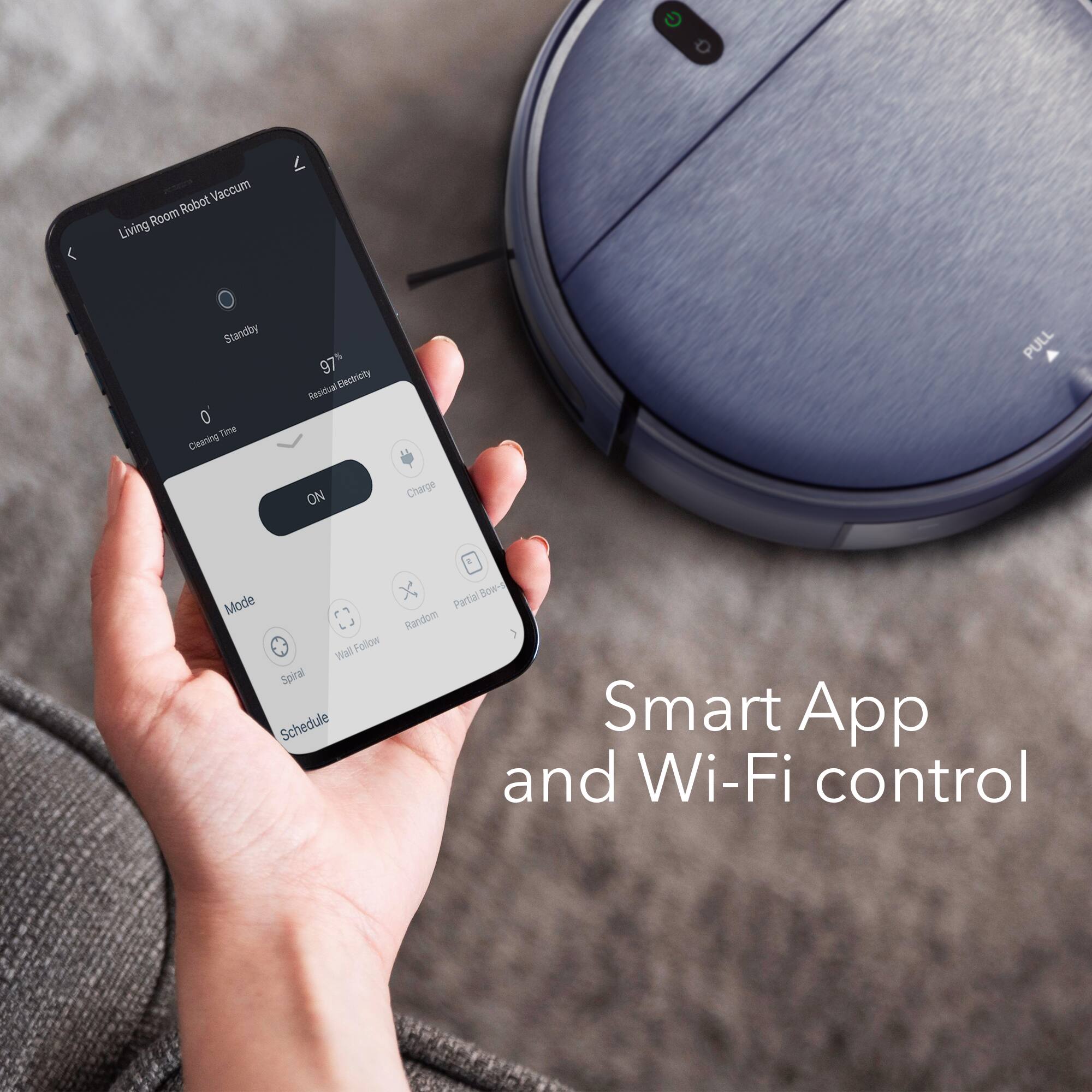 Vacuum Robot Living Room Standby 0 Time Cleaning 97% Electricity Residual PULL ON Charge Mode Wall Follow Spiral Schedule Bow-s Partial Random Smart App and Wi-Fi control