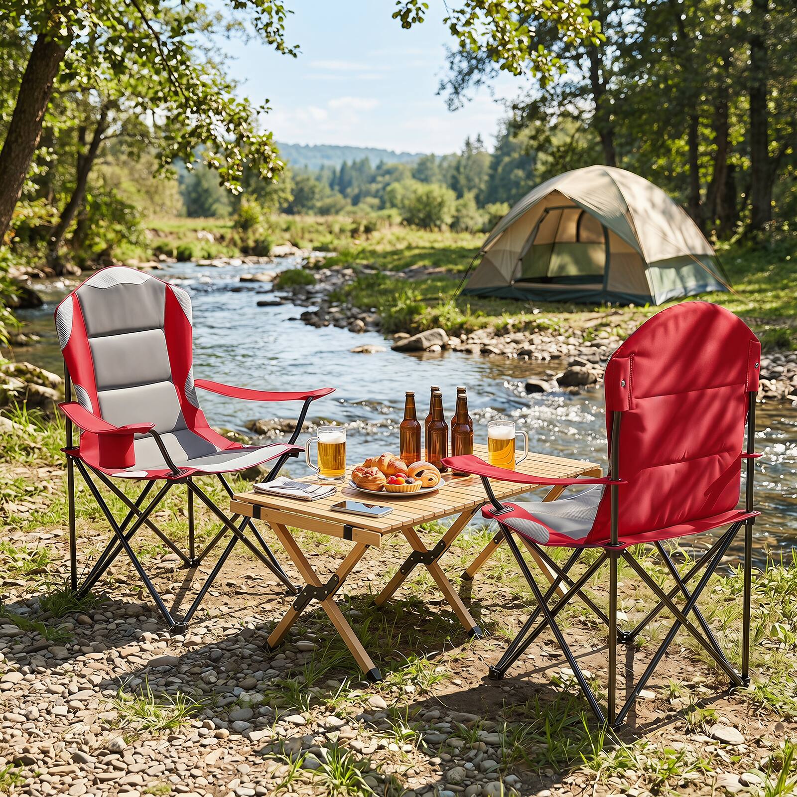 Alt View 1. Gymax - Gymax 2 Pieces Folding Camping Chairs w/ Cup Holders & Carrying Bags Padded Seat Red & Gray - Red.
