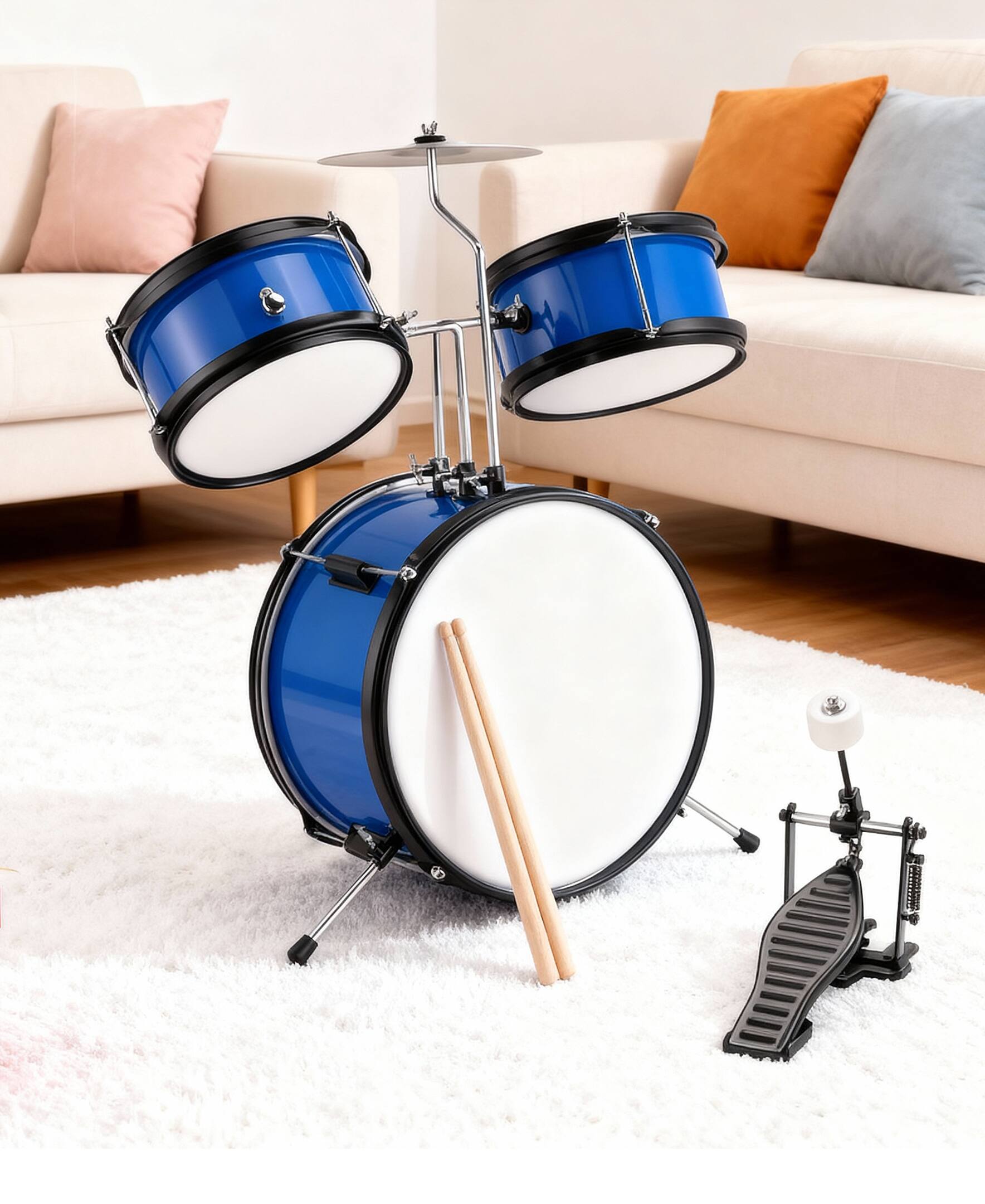 Alt View 1. Sugift - 3-Piece Kids Drum Set with Adjustable Stool, Bass Pedal & Cymbal – Realistic Junior Drum Kit for Ages 3+ - Blue.