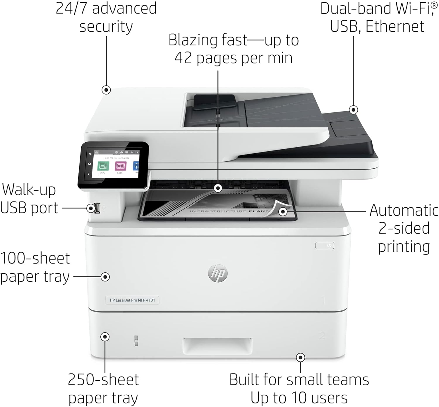 24/7 advanced security  
Blazing fast—up to 42 pages per min  
Dual-band Wi-Fi®, USB, Ethernet  
Walk-up USB port  
100-sheet paper tray  
Automatic 2-sided printing  
250-sheet paper tray  
Built for small teams  
Up to 10 users