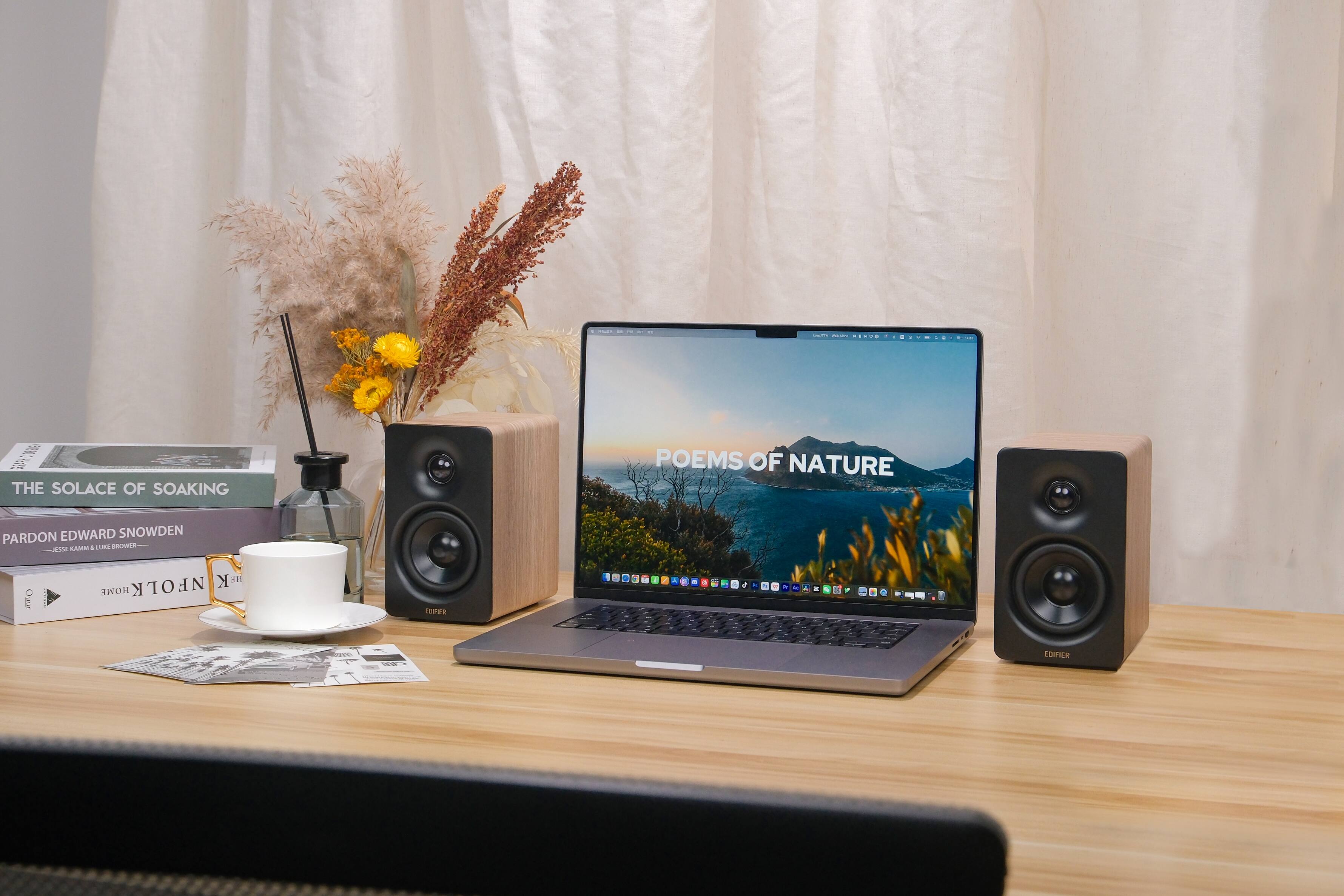 The text on the image is:

1. "POEMS OF NATURE"
2. "THE SOLACE OF SOAKING"
3. "PARDON EDWARD SNOWDEN"
4. "NEON"

Corrected text:

1. "POEMS OF NATURE"
2. "THE SOLACE OF SOAKING"
3. "PARDON EDWARD SNOWDEN"
4. "NEON"