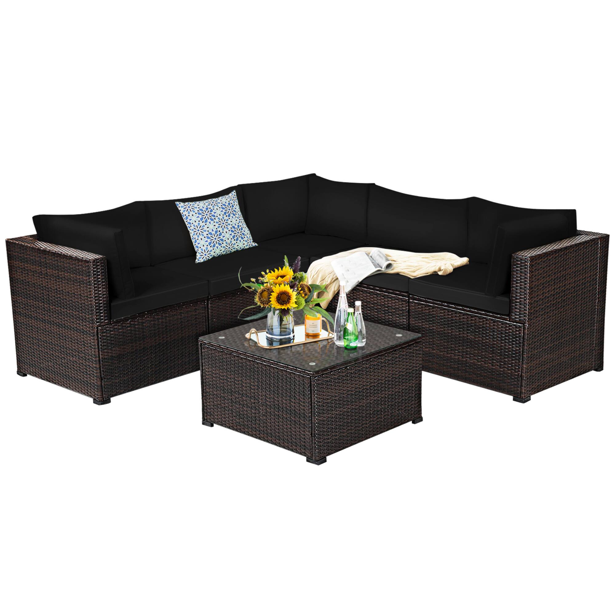 Alt View 1. Gymax - Gymax 6PCS Rattan Patio Sectional Sofa Conversation Set Outdoor w/ Black Cushions - Black.