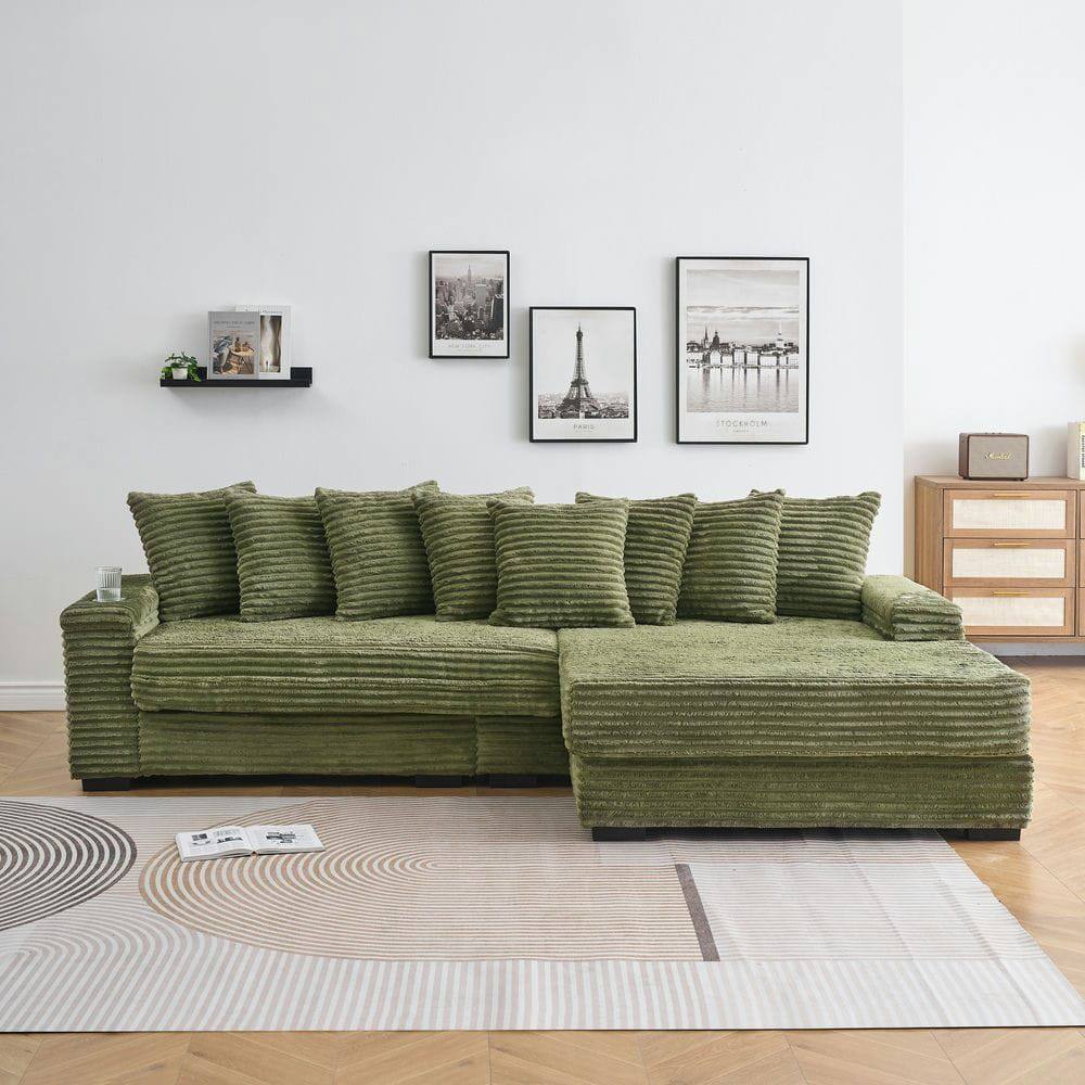 Back. Kadyn - 111.4" Reversible Chaise Sectional, Corduroy Fabric with Armrest Storage and Cup Holders, Green - Green.