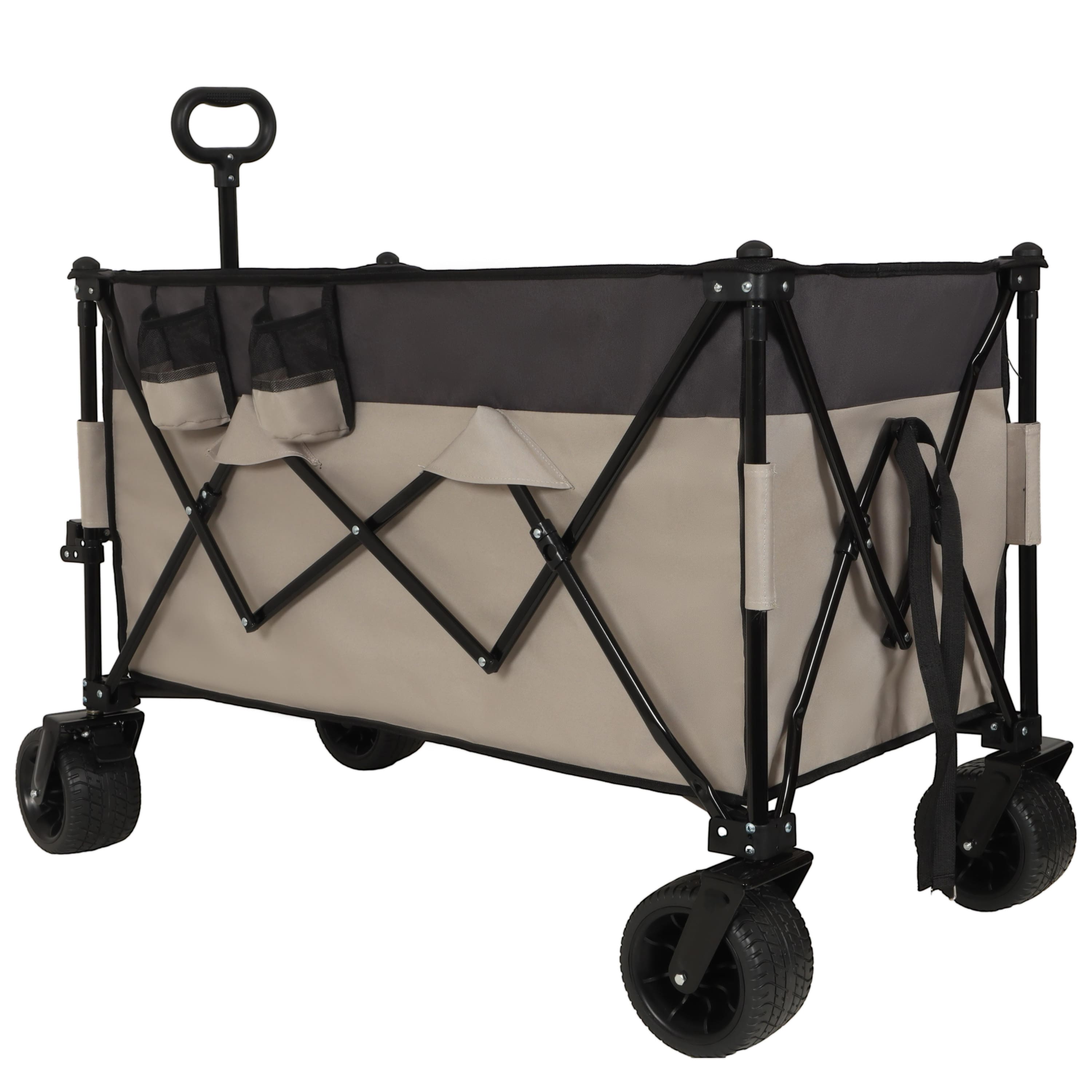 APRILSOUL - Heavy-Duty Folding Wagon Cart with 480lbs Capacity All-Terrain Wheels Side Pockets Brakes and Drink Holders khaki- Gray - Gray+ khaki