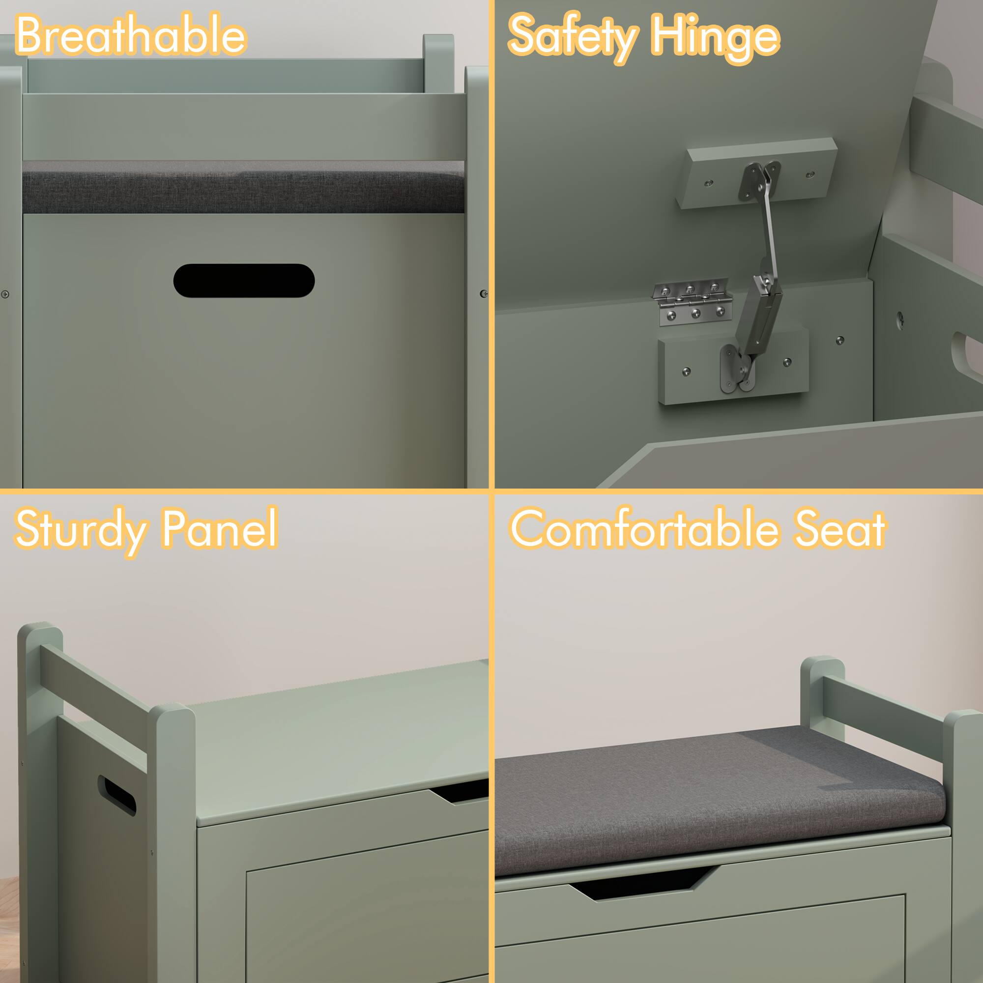 Breathable  
Safety Hinge  
Sturdy Panel  
Comfortable Seat