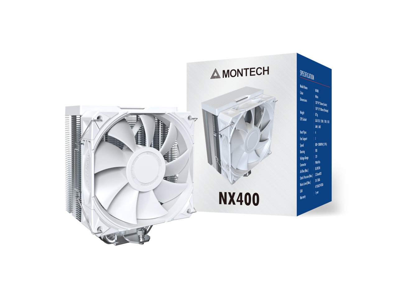 Cheetes Contet Design Montech NX400 Specification

Model Name: NX400  
Color: White  
Dimensions: 120 x 120 x 150 mm  
Weight: 0.5 kg  
CPU Sockets: LGA 1155/1156/1366/2011  
Heat Pipes: 4  
Fan Support: 1  
Fan Speed: 800 - 1500 RPM  
Bearing: FDB  
Voltage Range: 3.3V  
Connector: 4-pin  
Airflow: 65.5 CFM  
Static Pressure: 1.5 mmH2O  
Noise Level (Max): 33.1 dB  
Warranty: 1 year