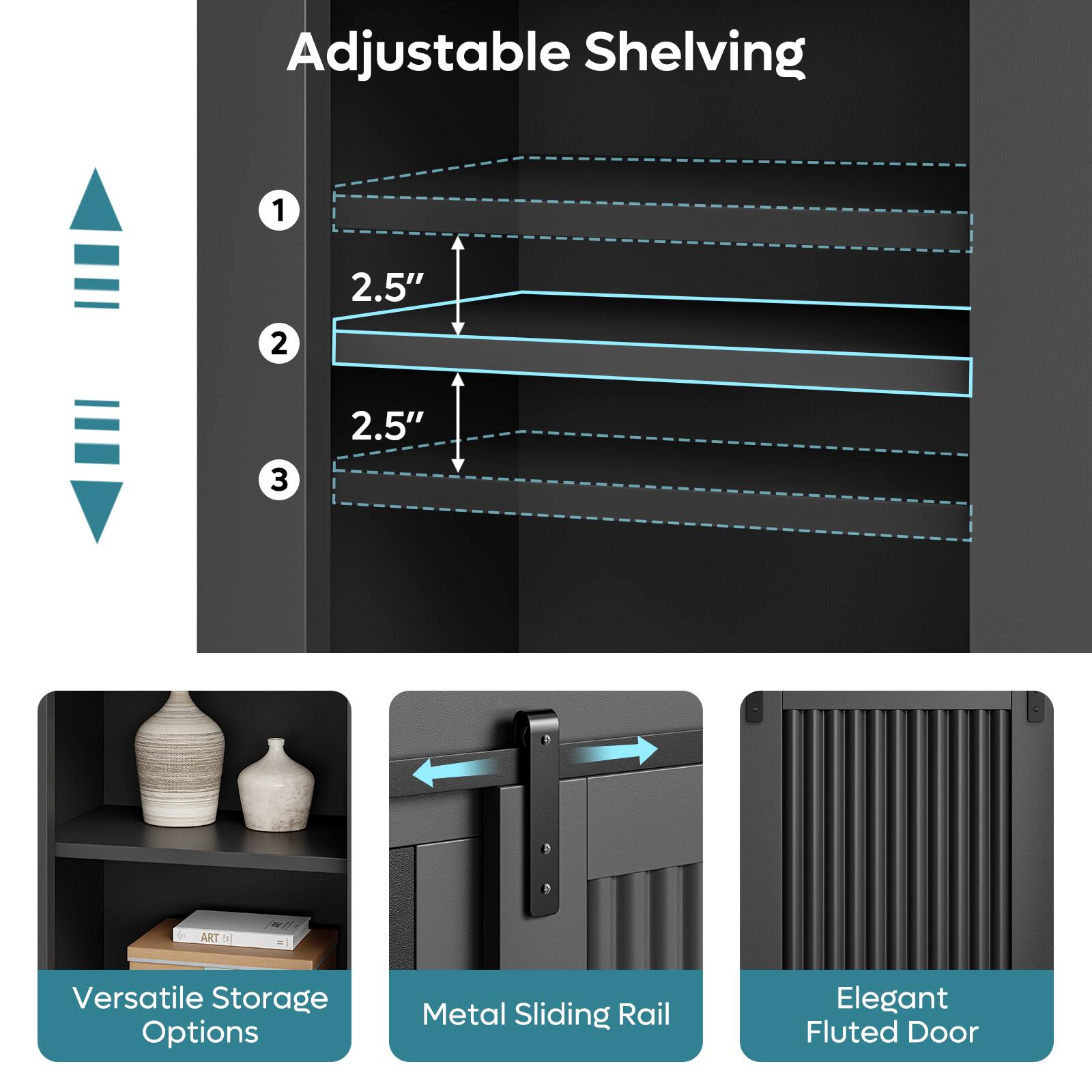 Adjustable Shelving

1. 2.5"
2. 2.5"
3.

Versatile Storage Options

Metal Sliding Rail

Elegant Fluted Door