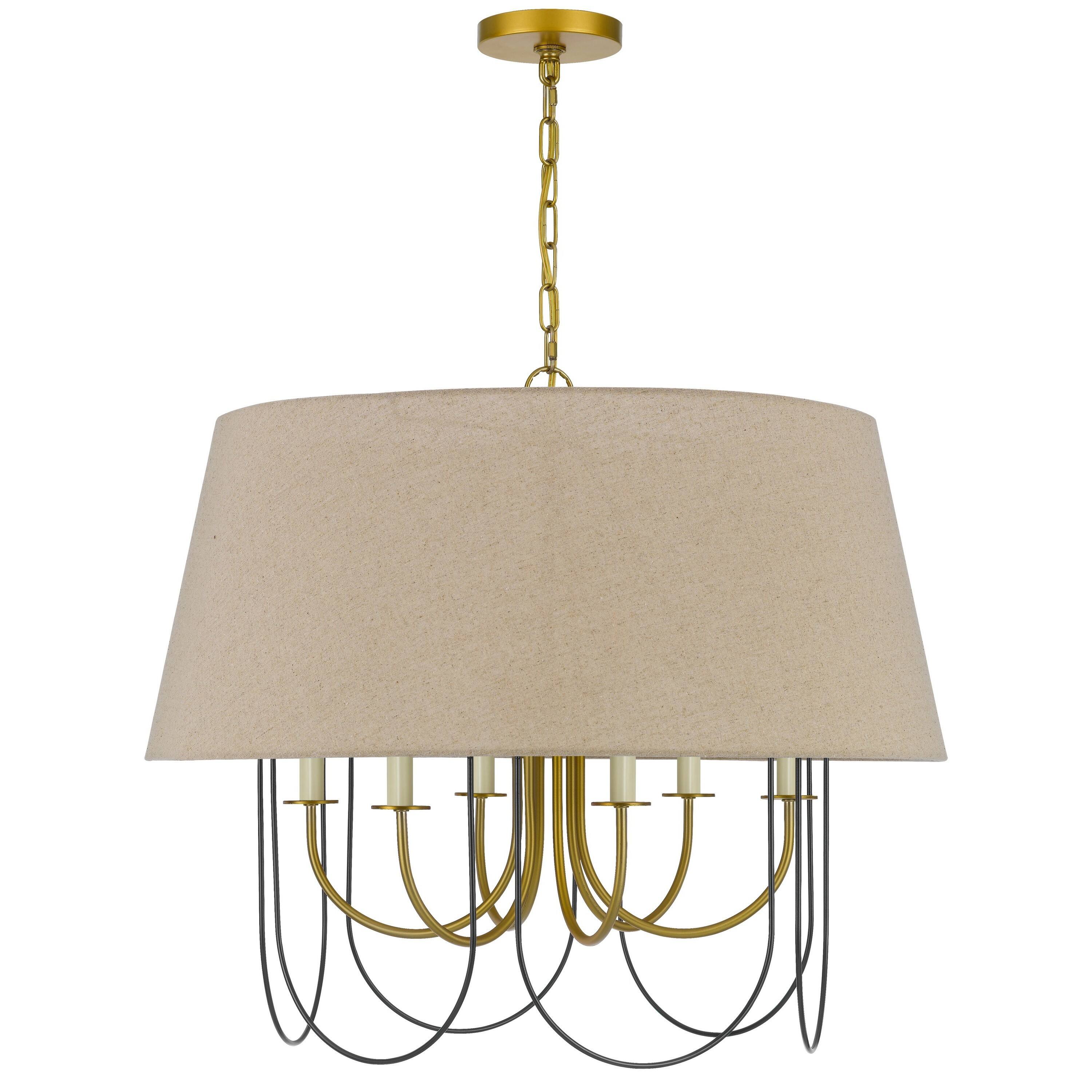 Angle. Manhattan Lane - Pomy 28 Inch Chandelier, Hardback Burlap Shade - Brass, Black, Beige.