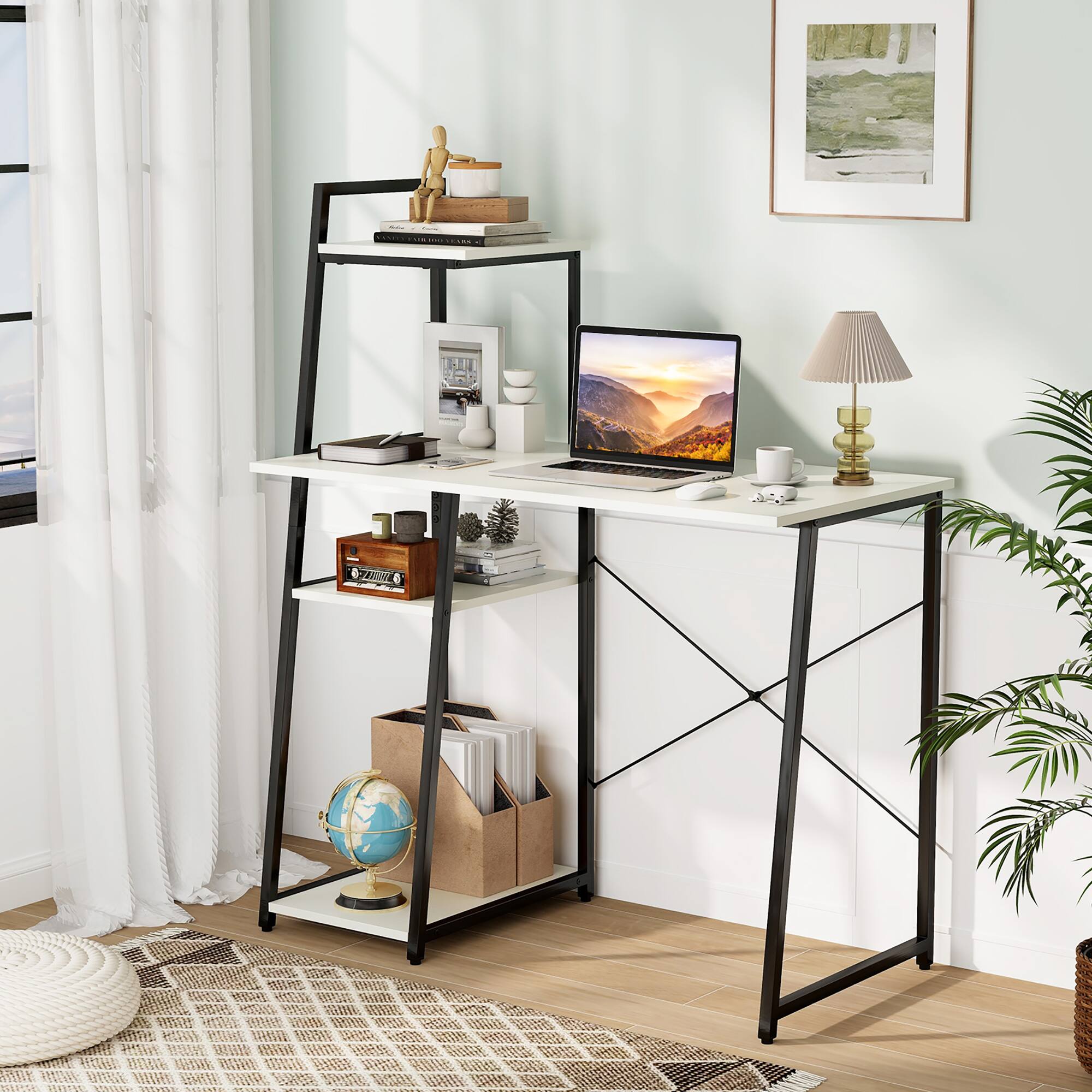 Alt View 1. Gymax - Gymax Computer Desk w/ Shelves 3-Tier Storage Bookshelf Ladder-shaped Metal Frame - White, Black.