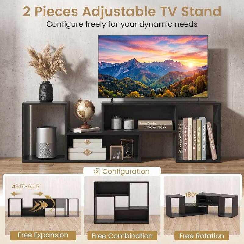 2 Pieces Adjustable TV Stand  
Configure freely for your dynamic needs

Configuration

43.5"-62.5"  
Free Expansion

Free Combination

Free Rotation