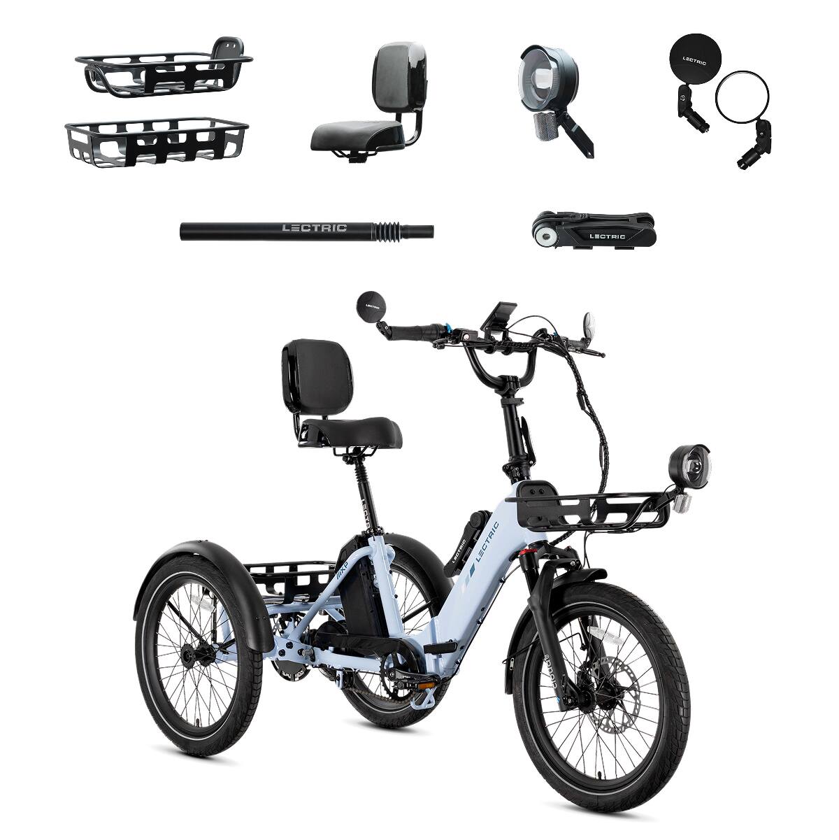 Lectric eBikes - XP Trike2 750 Foldable Long-Range eBike (Max 70mi/17mph) + Cargo Package/Support Seat/Seat Post/Headlight/Mirrors/Lock - Glacier Blue