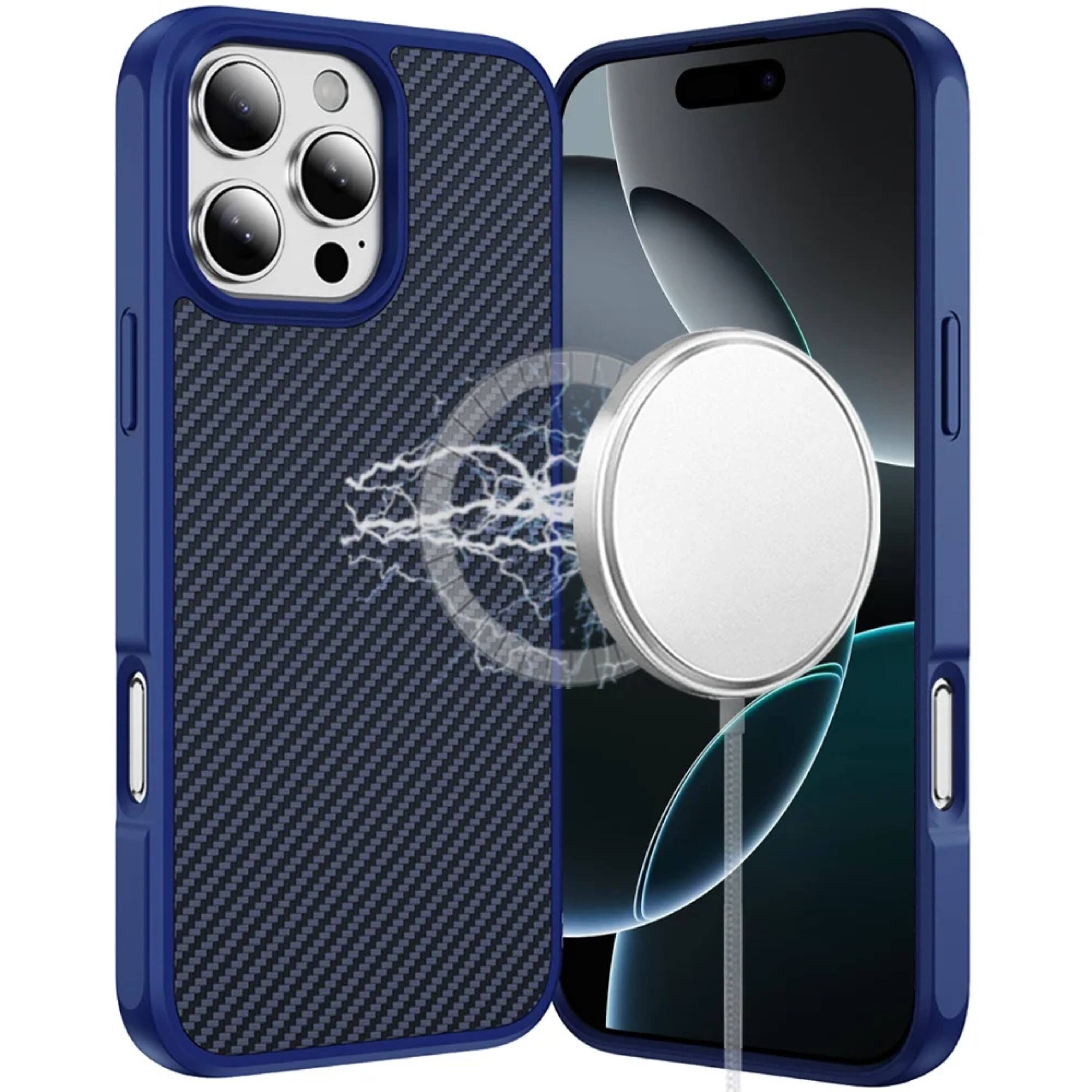 Front. Kitcheniva - Carbon Fiber Print Hidden Magnetic Circle Phone Case With Tempered Glass For iPhone 16 Pro Max Navy Blue - Blue.