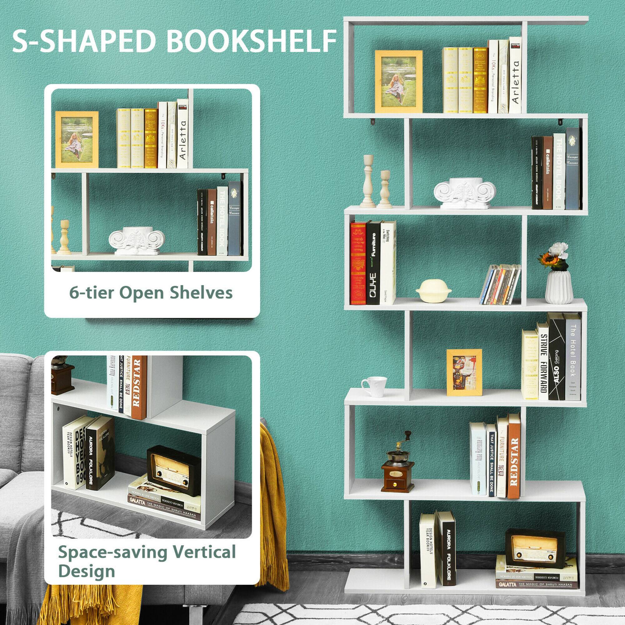 S-shaped bookshelf: Arletta Ii Furtura 6-tier open shelves. Space-saving vertical design.