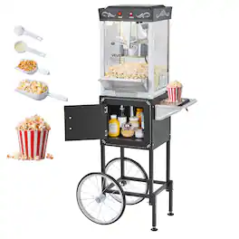 VEVOR - Popcorn Machine with Cart, 8oz Stainless Steel Kettle, 800W Commercial Popcorn Maker, 48 Cups per Batch Theater Style - Black