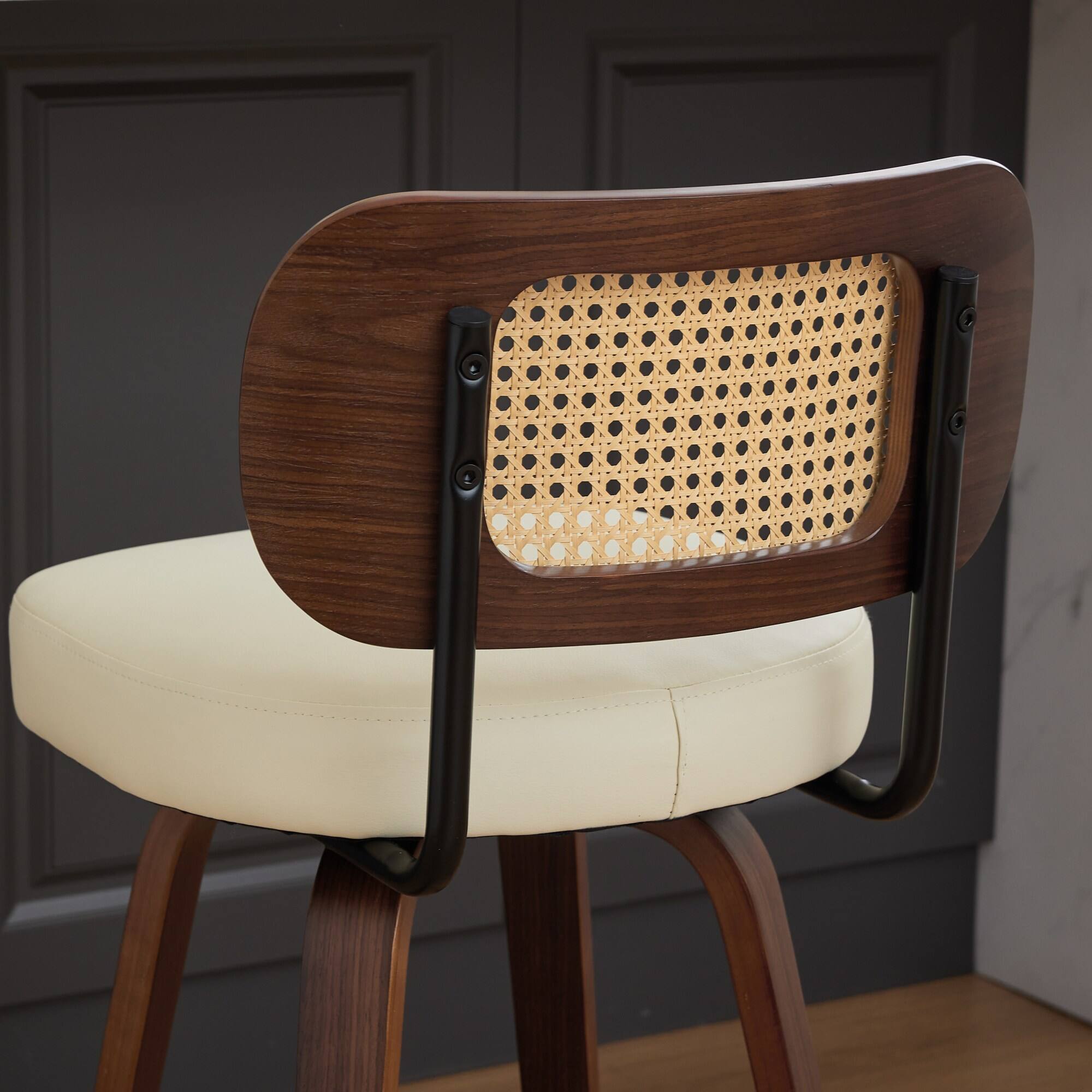 Alt View 6. APRILSOUL - Set of 2 Counter Height Bar Stools 26 inch Rattan Cane Back Upholstered Seat Walnut Swivel - Beige.