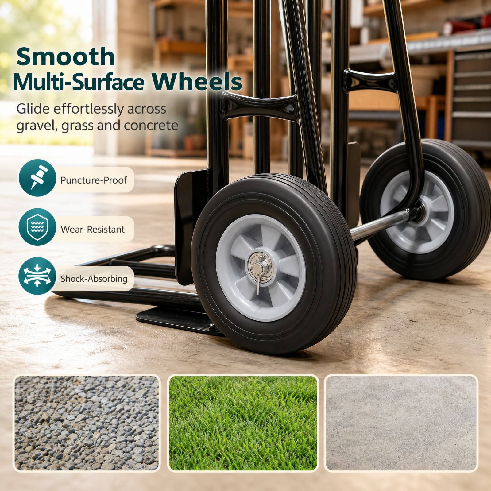Smooth Multi-Surface Wheels Glide effortlessly across gravel, grass and concrete

- Puncture-Proof
- Wear-Resistant
- Shock-Absorbing