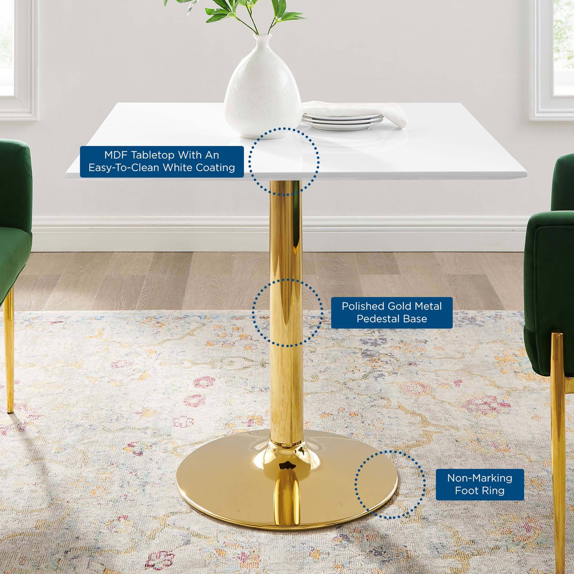- MDF Tabletop With An Easy-To-Clean White Coating
- Polished Gold Metal Pedestal Base
- Non-Marking Foot Ring