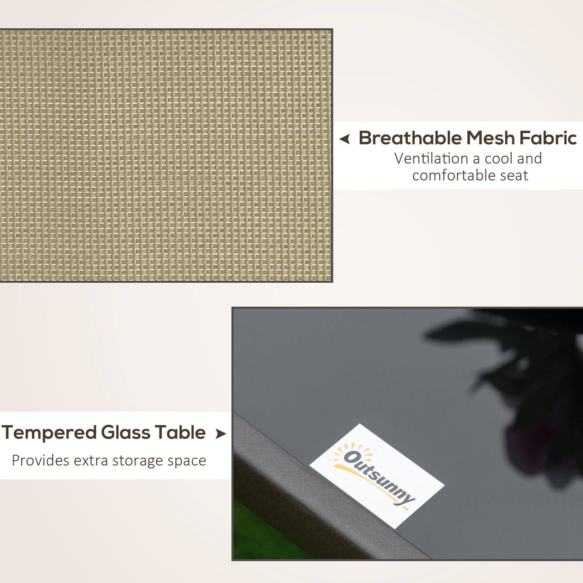 Breathable Mesh Fabric Ventilation a cool and comfortable seat, Tempered Glass Table Provides extra storage space, Outsunny