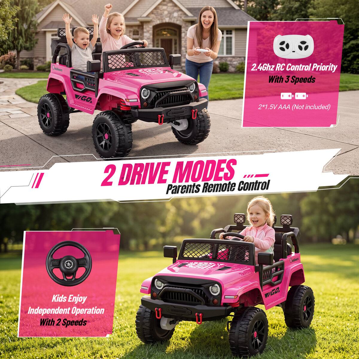 Childors VIGO

2.4Ghz RC Control Priority With 3 Speeds + 2*1.5V AAA (Not included)

2 DRIVE MODES Parents Remote Control

Kids Enjoy Independent Operation With 2 Speeds