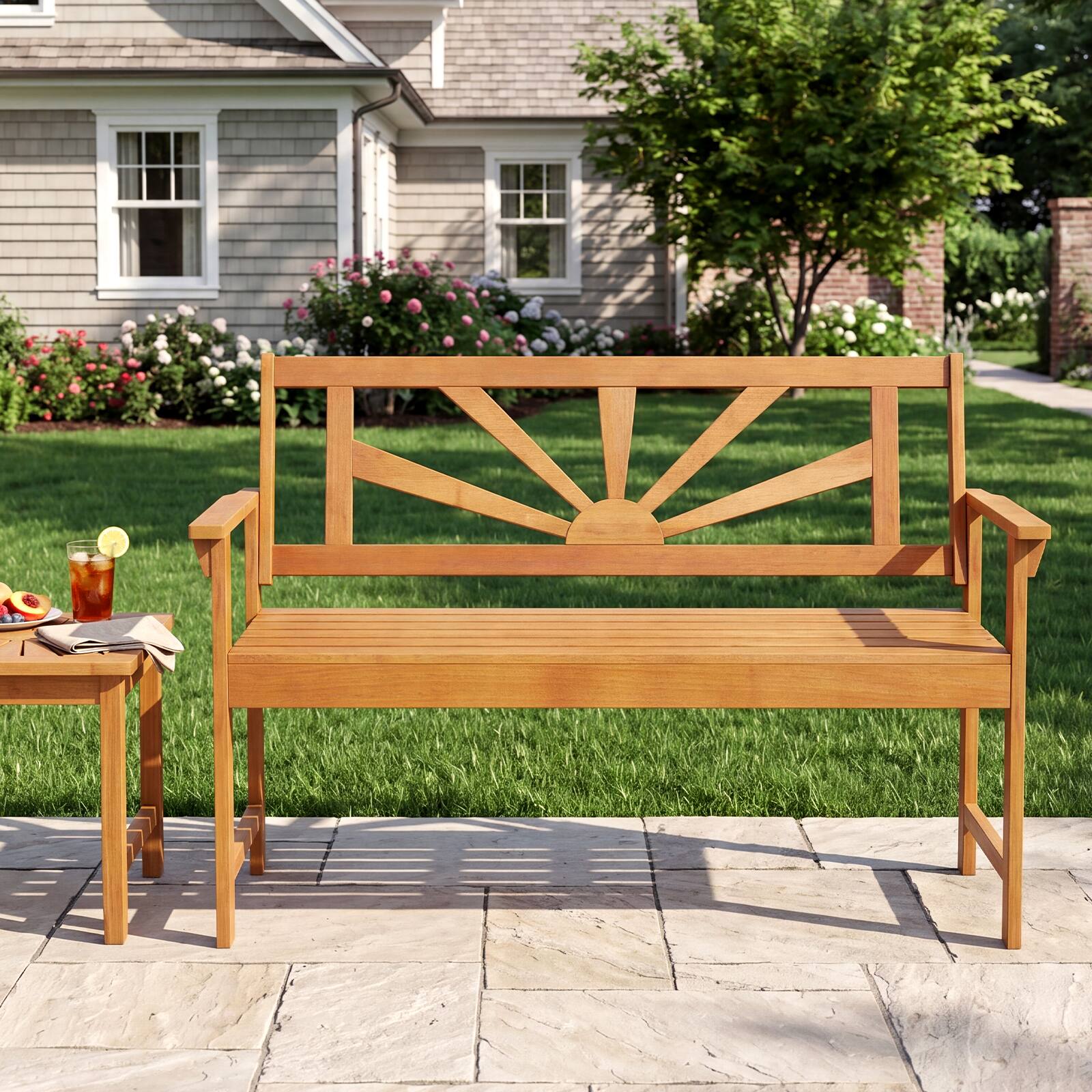 Alt View 3. Gymax - Gymax Acacia Wood Loveseat Bench 2-Seater Outdoor Garden Bench w/Backrest & Armrests - Yellow.