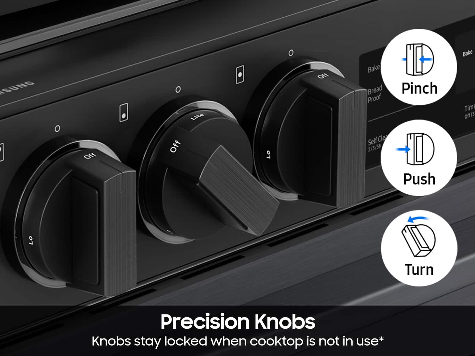 The text on the image is grouped and corrected as follows:
"Precision Knobs stay locked when cooktop is not in use. 2/3/5h Push Bake Time Off. Knobs stay locked when cooktop is not in use. Turn Precision Knobs."