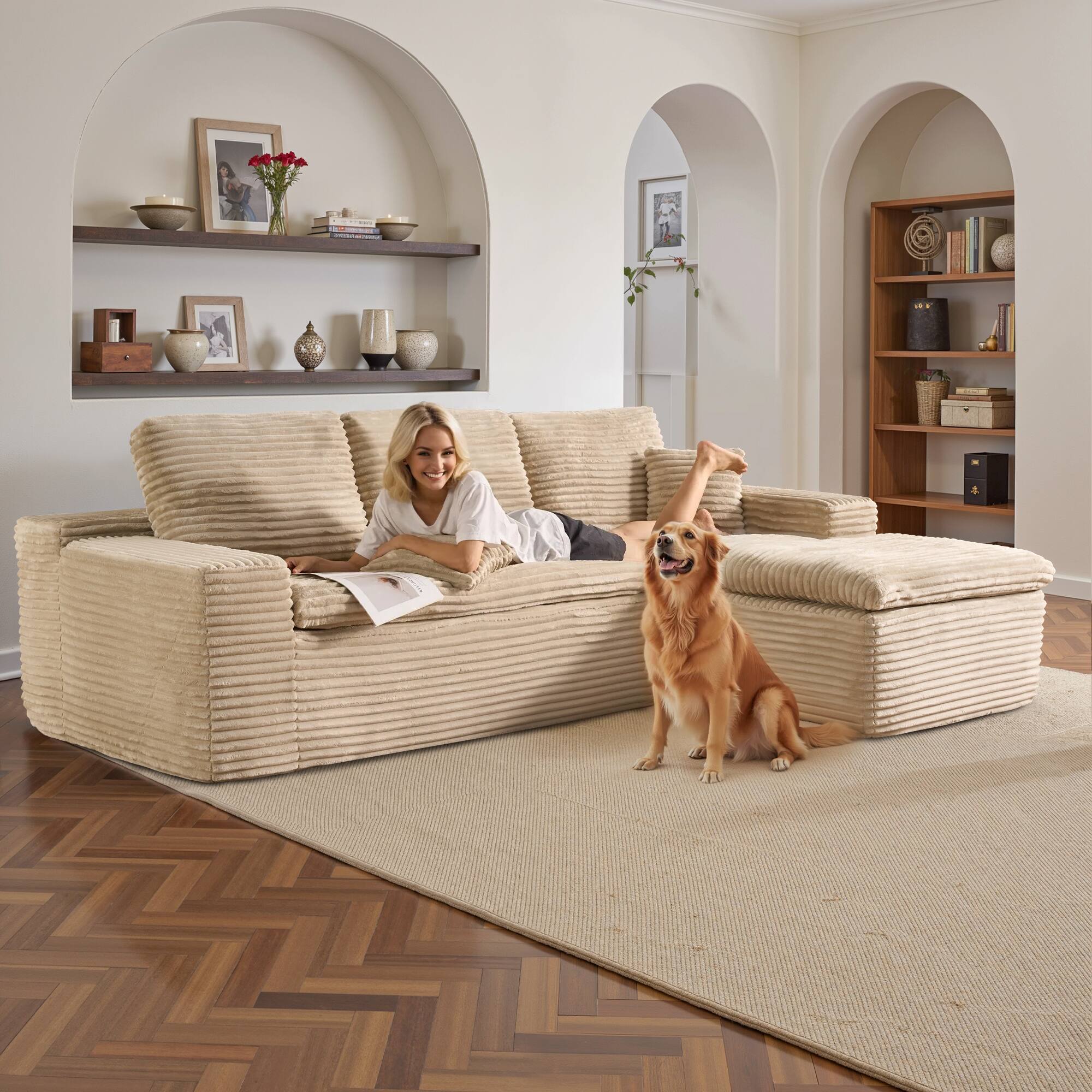Alt View 2. Ovios - 2 Pieces Cloud Like Sectional Sofa, L-Shaped Couch with Chaise for Living Room - Beige(Plush, Right Facing).