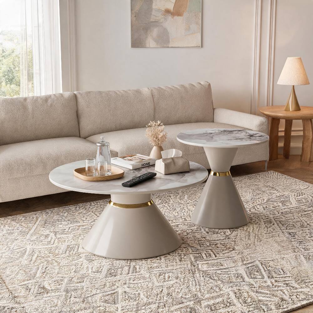 Alt View 9. Loheer - Loheer Round Nesting Coffee Table Set of 2 Sintered Stone Top Khaki Pedestal Base - Khaki.