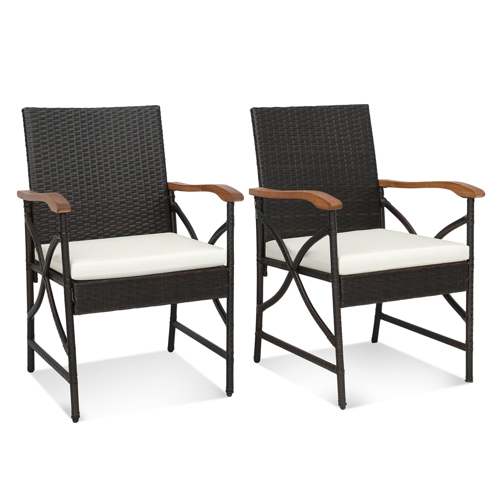 Costway - Wicker Dining Chair Set of 2 with Wood Armrests & Curved Backrest, Soft Cushion - Mix Brown,Off White