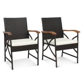 Costway - Wicker Dining Chair Set of 2 with Wood Armrests & Curved Backrest, Soft Cushion - Mix Brown,Off White