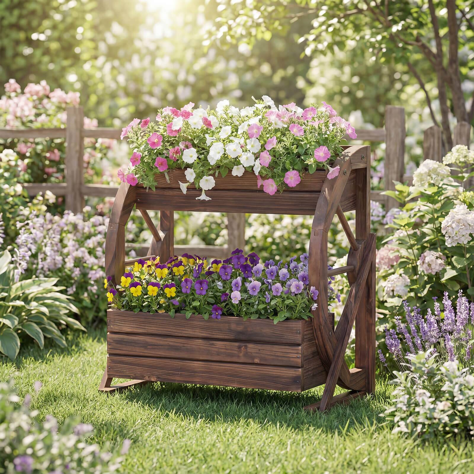 Alt View 4. Costway - Costway 1 PCS 2-Tier Rustic Wood Wagon Planter with Drainage Semi-Wheels,Raised Bed for Patio Yard - Coffee.