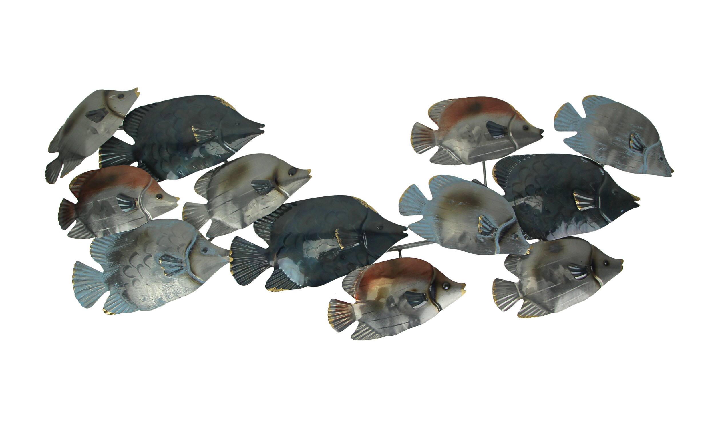 Front. J.D. Yeatts - 38 Inch Metal Wall Hanging Fish School Sculpture Sealife Beach Home Decor Art - Multicolored.