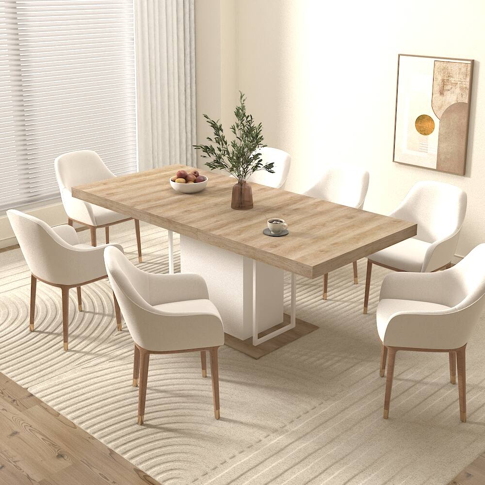 Left. Tiramisubest - Modern Extendable Dining Table for 6-10 People,78" Rectangle Dining Table with White Double Sturdy Pedestal Base - White Oak.