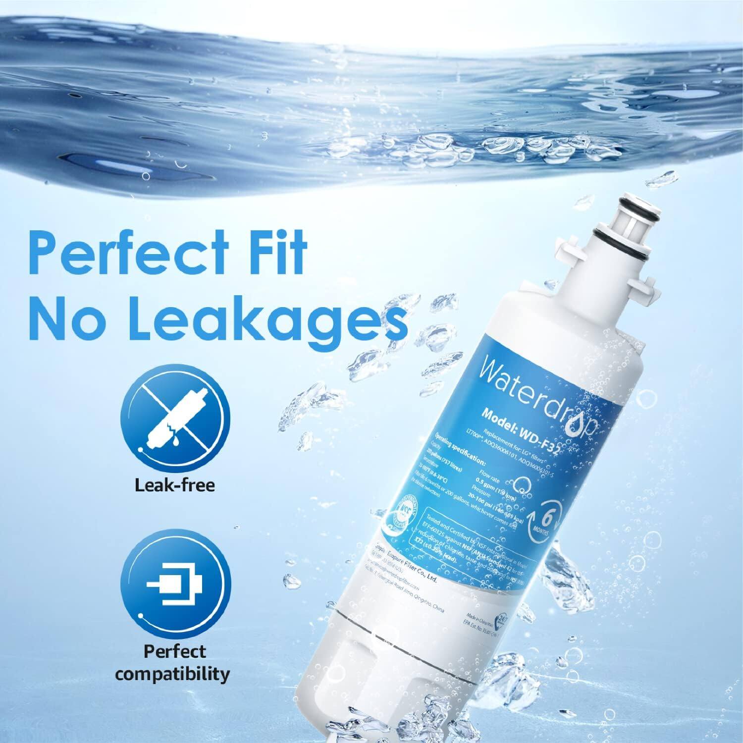 Perfect Fit  
No Leakages  

Leak-free  
Perfect compatibility  

Waterdrop  
Model: WD-F32  

Specifications:  
- Capacity: 1.5L  
- Flow rate: 2.5L/min  
- Pressure: 1-40PSI  
- Material: ABS  
- Certification: CE, ROHS  

Made in China  
Made by: Waterdrop Co., Ltd.