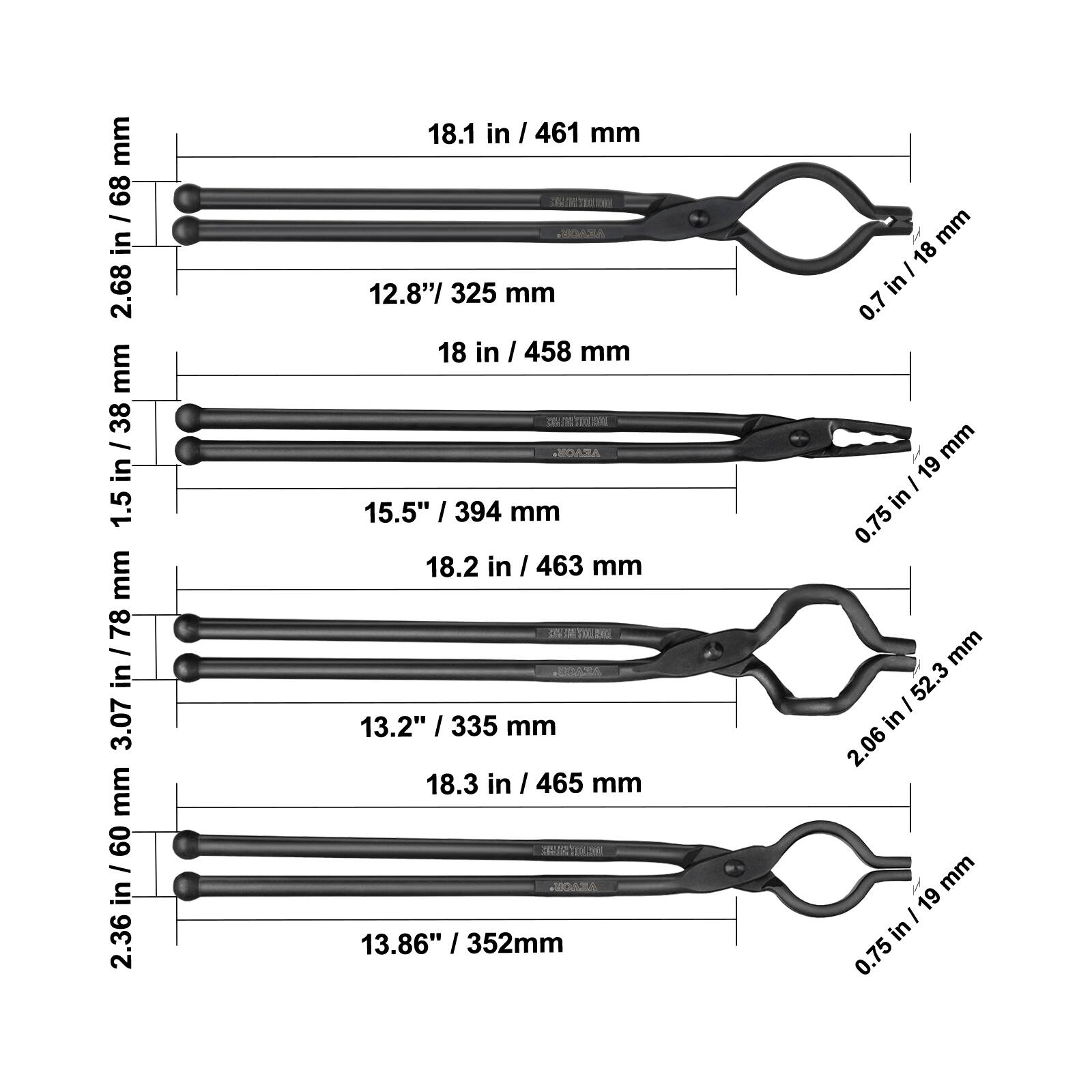 - 18.1 in / 461 mm
- 12.8" / 325 mm
- 18 in / 458 mm
- 15.5" / 394 mm
- 18.2 in / 463 mm
- 13.2" / 335 mm
- 18.3 in / 465 mm
- 13.86" / 352 mm

- 2.68 in / 68 mm
- 1.5 mm
- 3.07 mm
- 2.36 in / 60 mm
- 0.7 in / 18 mm
- 0.75 in / 19 mm
- 2.06 in / 52.3 mm

- 0.7 in / 18 mm
- 0.75 in / 19 mm