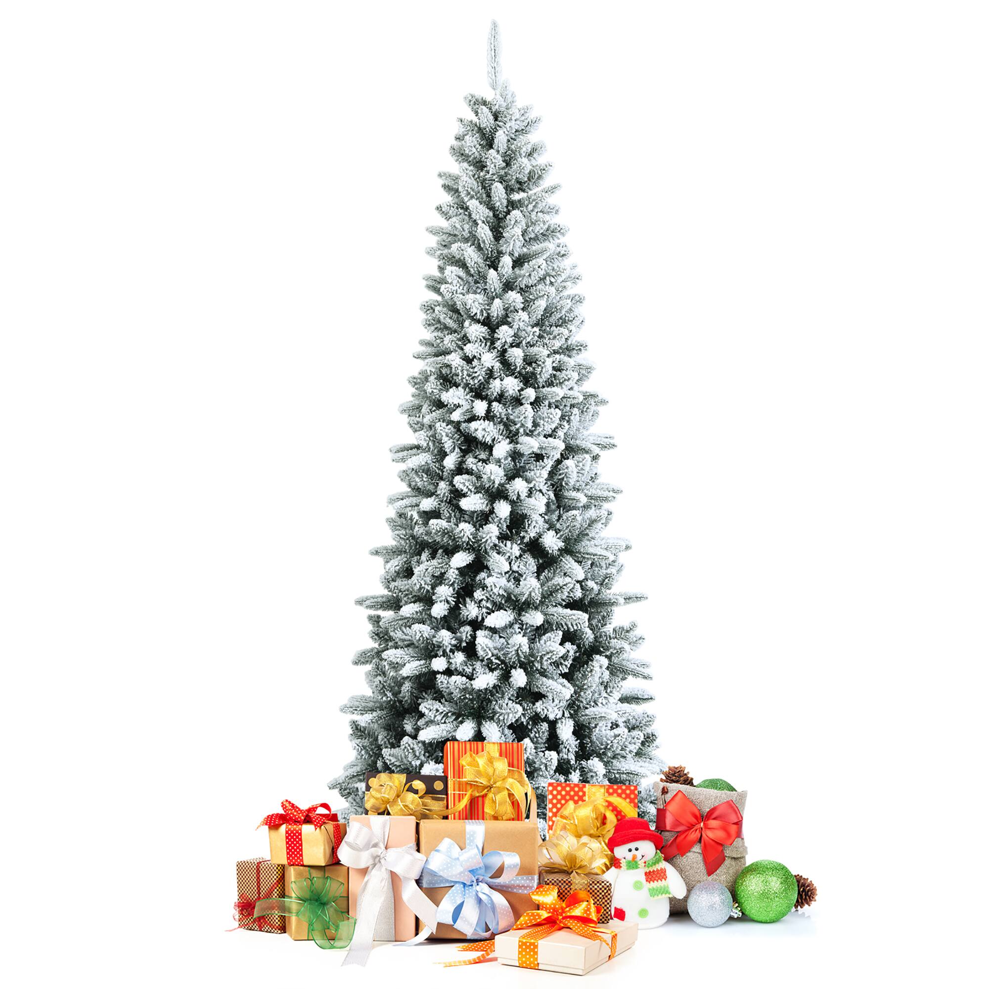 Alt View 21. Costway - 7.5ft Snow-Flocked Hinged Artificial Christmas Pencil Tree w/ 1189 Mixed Tips - Green/White.