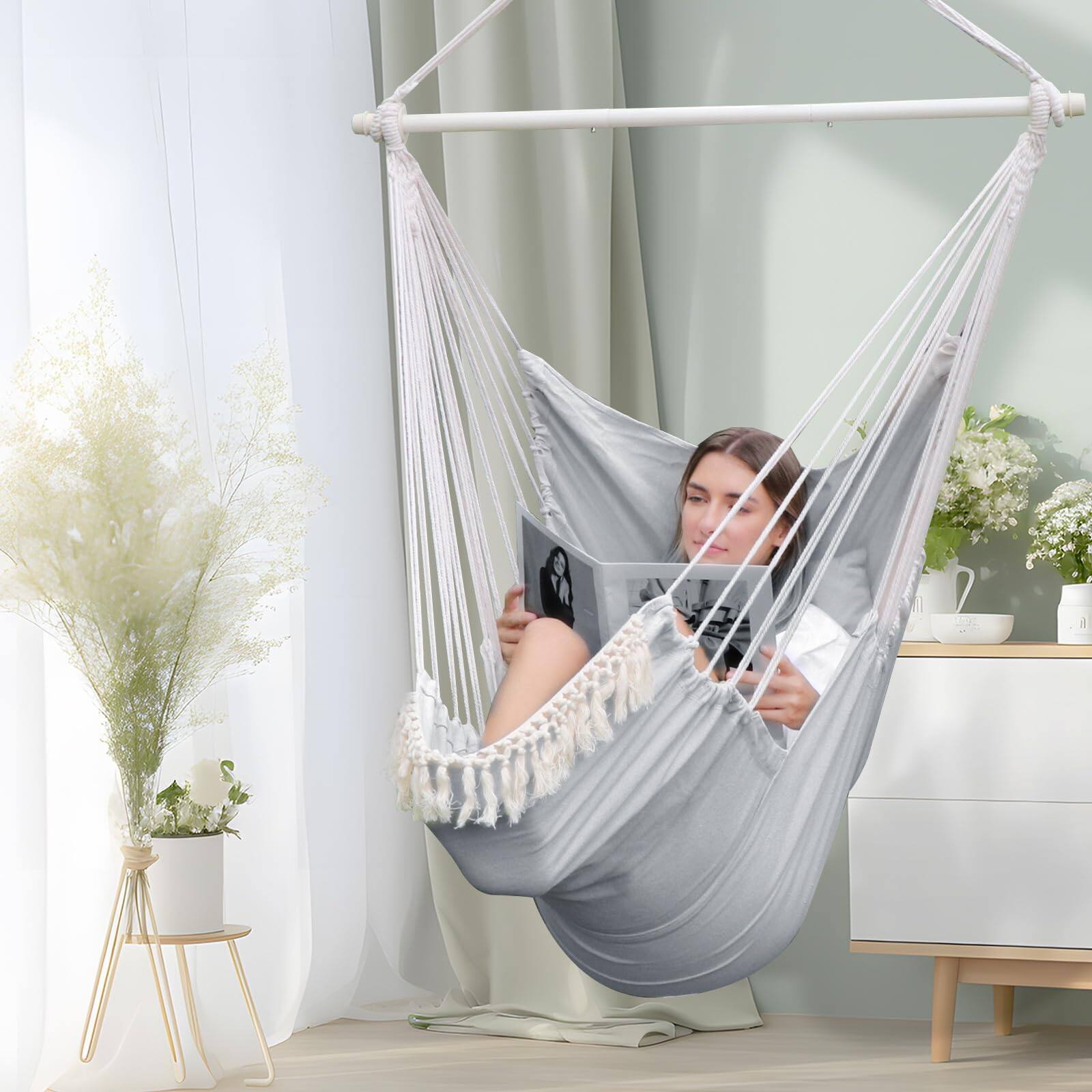 Left. JETRANSPORT - Hammock Chair Hanging With Foot Rest 2 Cushions Max 500lbs Robust Metal Spreader Bar Collapsible Easy Storage - Light Grey.