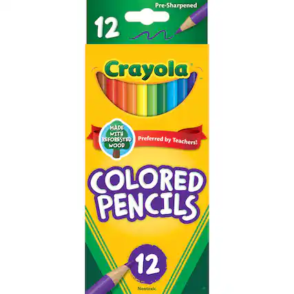 Pre-Sharpened 12 Crayola Colored Pencils
Made with Re-forested Wood
Preferred by Teachers!
12 Nontoxic
