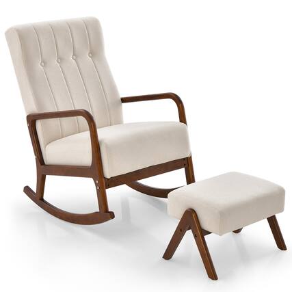 Front. Costway - Costway Rocking Chair with Ottoman Upholstered Fabric Glider Rocker Solid Wood - Beige.