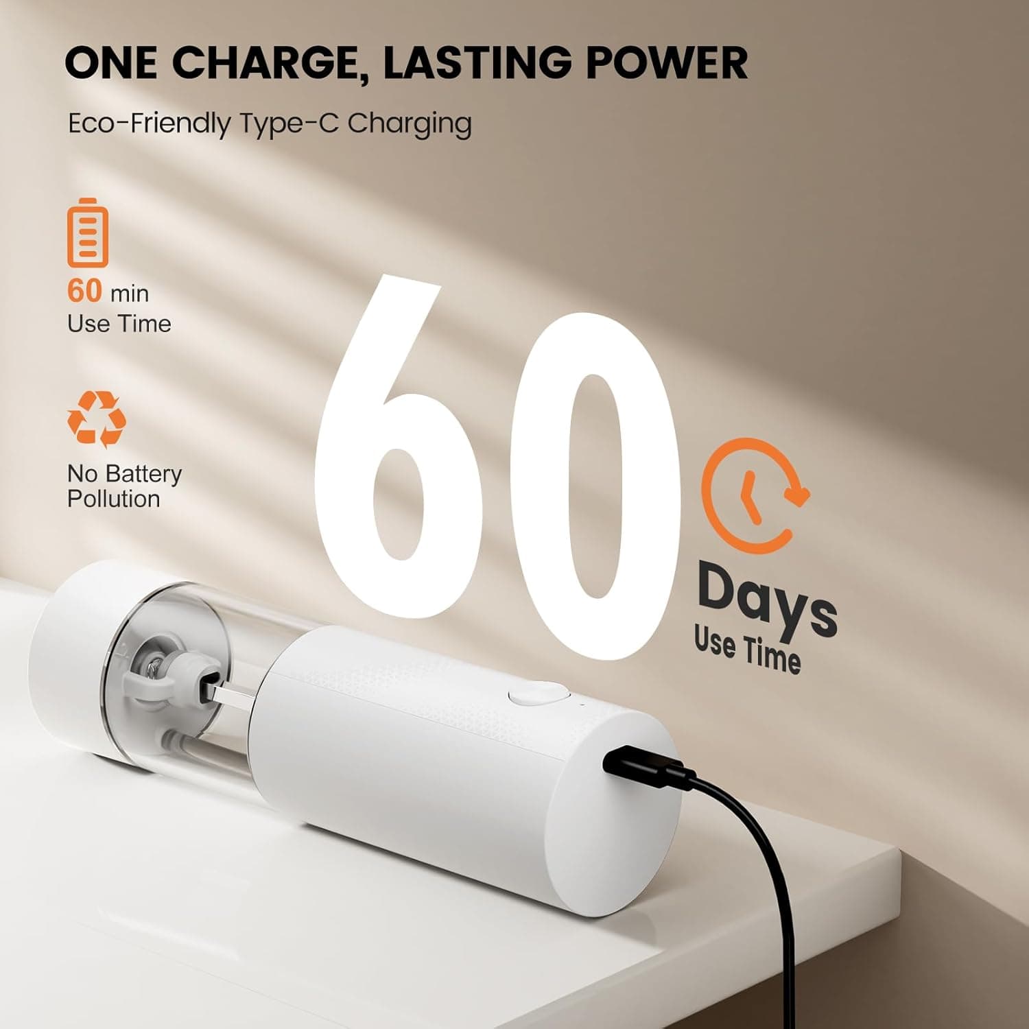 ONE CHARGE, LASTING POWER  
Eco-Friendly Type-C Charging  

60 min Use Time  
60 Days Use Time  

No Battery Pollution