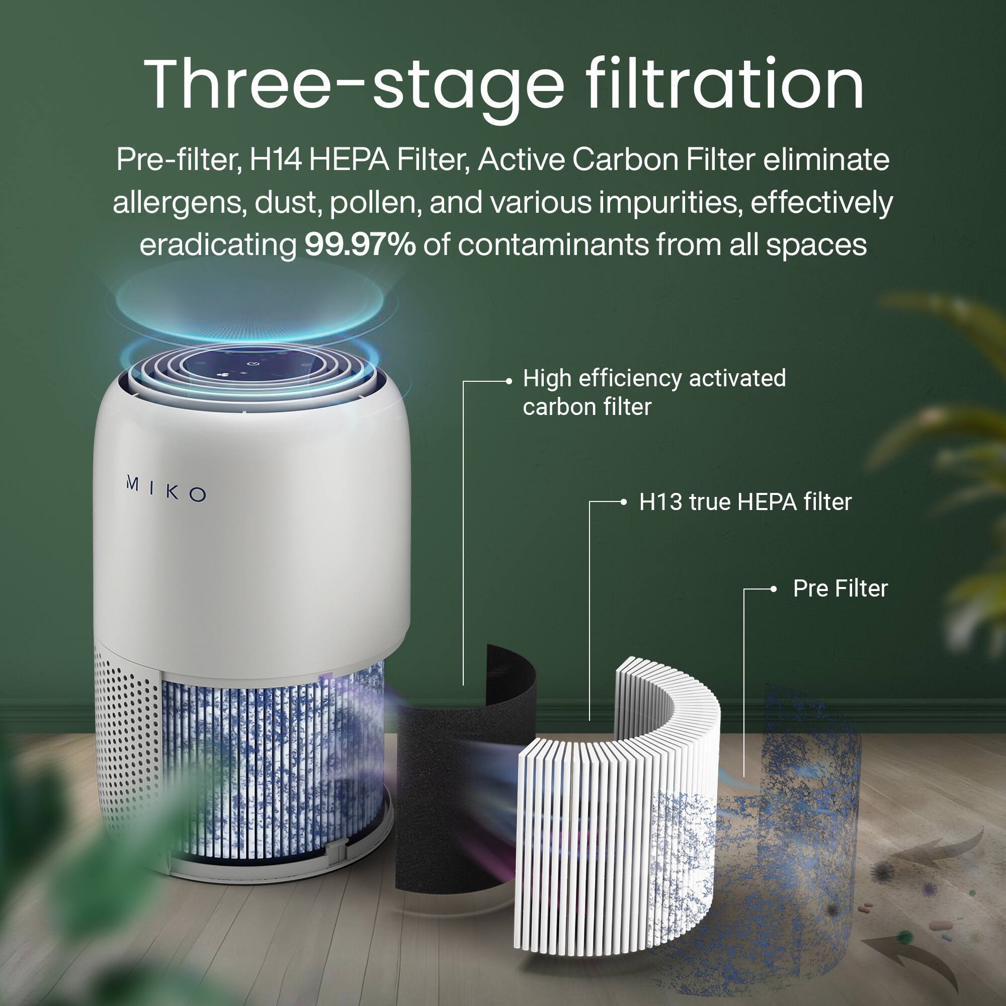 Three-stage filtration: Pre-filter, H14 HEPA Filter, Active Carbon Filter eliminate allergens, dust, pollen, and various impurities, effectively eradicating 99.97% of contaminants from all spaces. High efficiency activated carbon filter. H13 true HEPA filter. Pre Filter.
