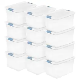 Sterilite - 64 Qt Plastic Stackable Storage Bin w/ White Latch Lid, 12 Pack - Clear
