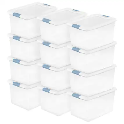 Front. Sterilite - Sterilite 64 Qt Clear Plastic Stackable Storage Bin w/ White Latch Lid, 12 Pack - Clear.