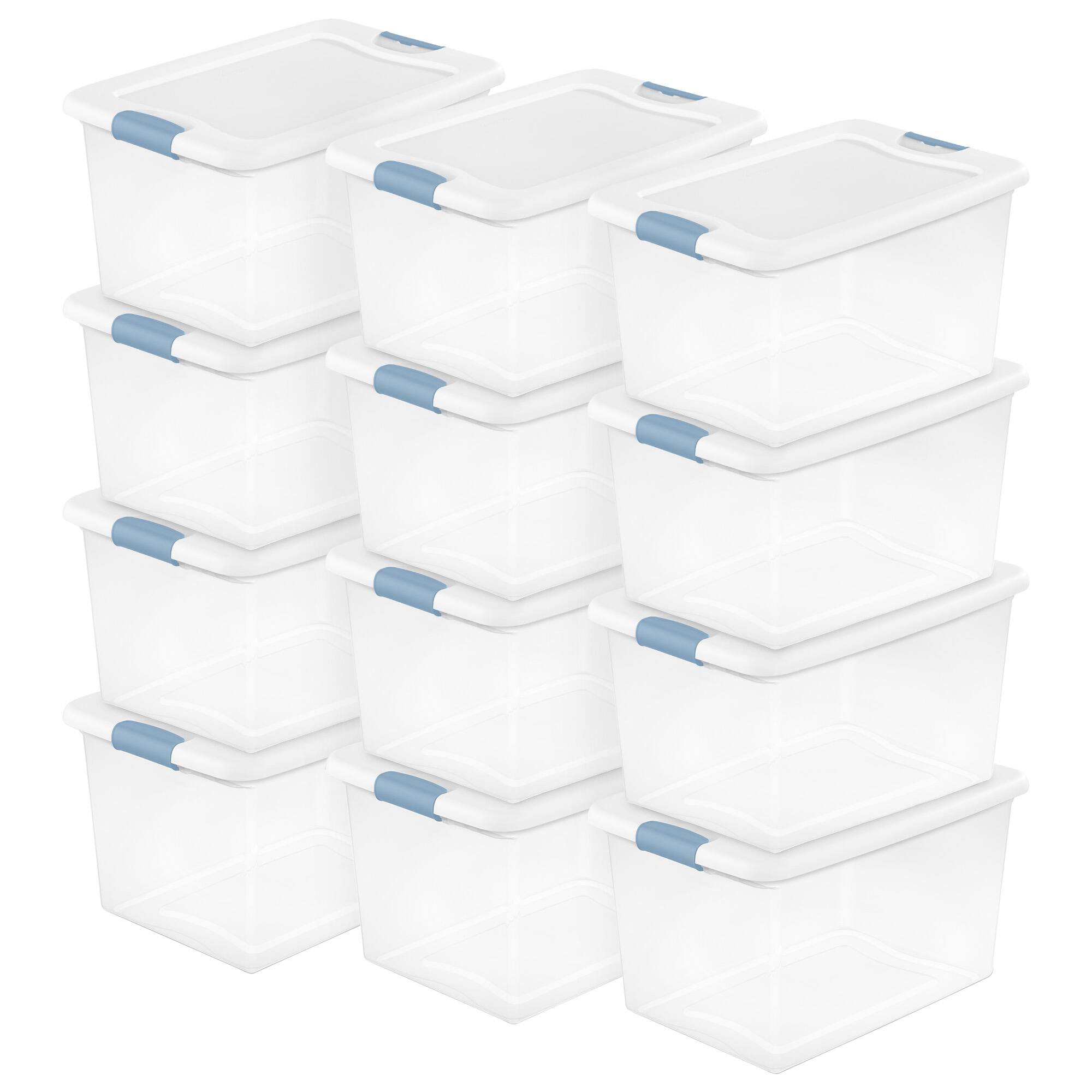 Front. Sterilite - Sterilite 64 Qt Clear Plastic Stackable Storage Bin w/ White Latch Lid, 12 Pack - Clear.