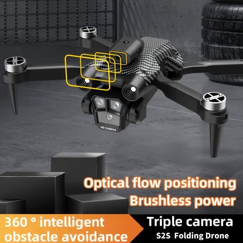Optical flow positioning  
Brushless power  

360° intelligent obstacle avoidance  

Triple camera  
S2S Folding Drone
