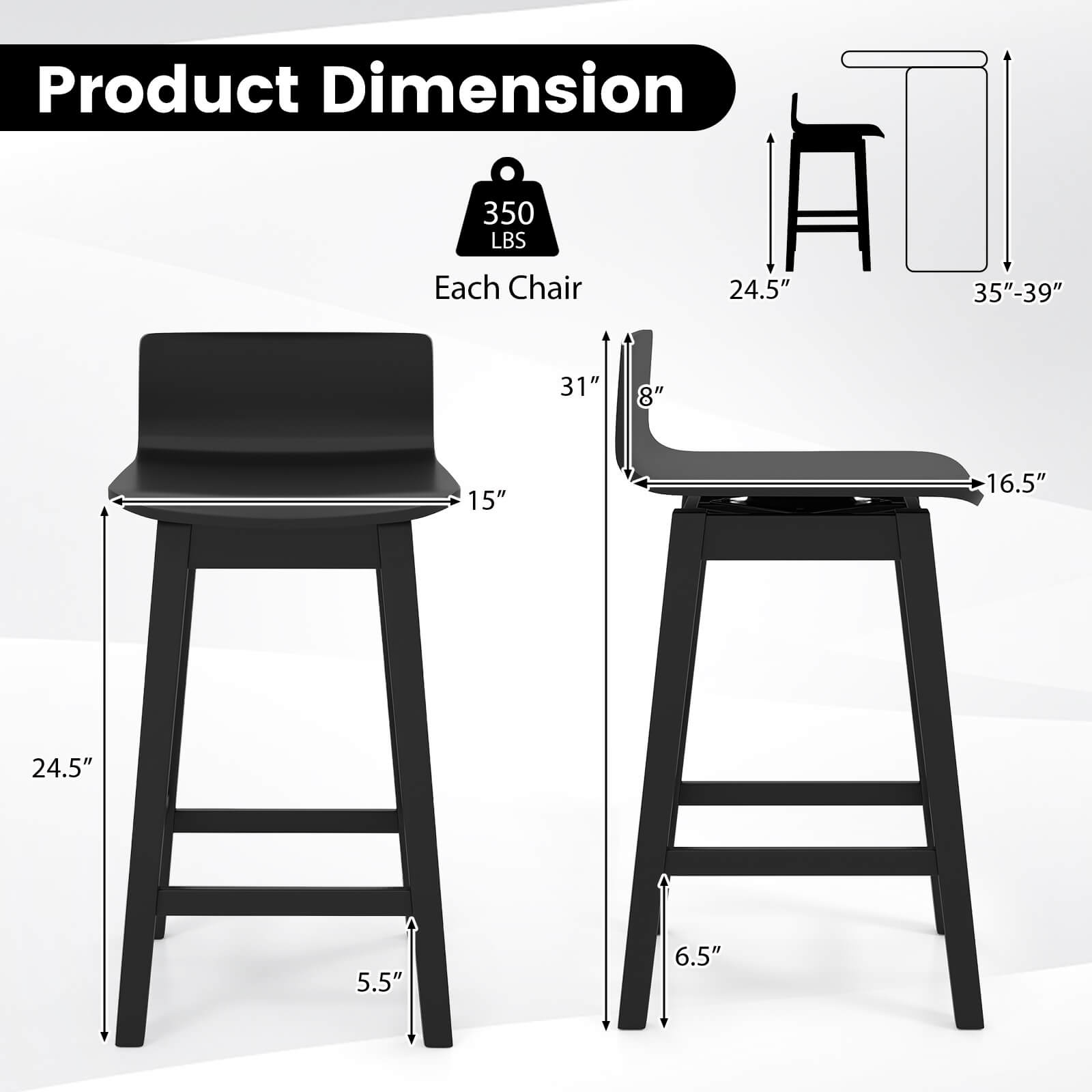 Product Dimension  
350 LBS  
Each Chair  
24.5"  
35"-39"  
31"  
8"  
15"  
16.5"  
24.5"  
5.5"  
6.5"