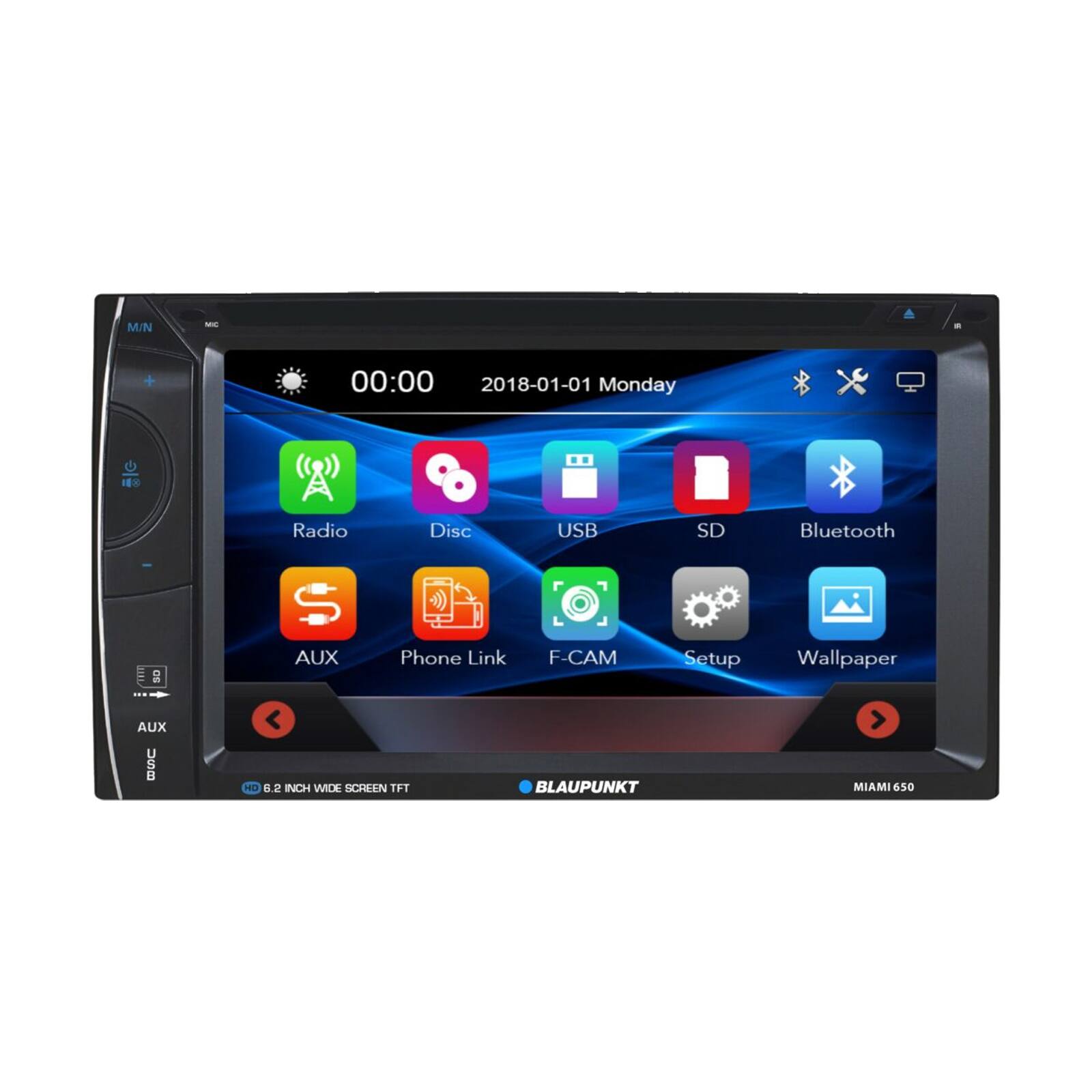 M/N ME 00:00 2018-01-01 Monday 1 Radio Disc USB SD Bluetooth g S AUX Phone Link F-CAM Setup Wallpaper AUX UOB - 8.2 INCH WIDE OIN TFT BLAUPUNKT MIAMI 650